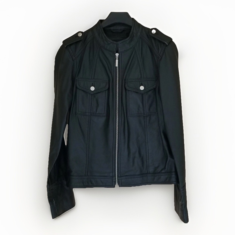 Attention Jacket Womens 8 Black Leather Slim Fit Full Zip Biker Cafe Racer Coat